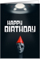 Happy Birthday To Anyone Alien in Party Hat With Spaceship Humor card