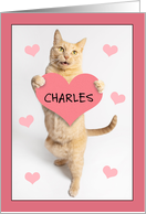 Happy Valentines Day Custom Name Cute Orange Tabby Cat Holding Heart card