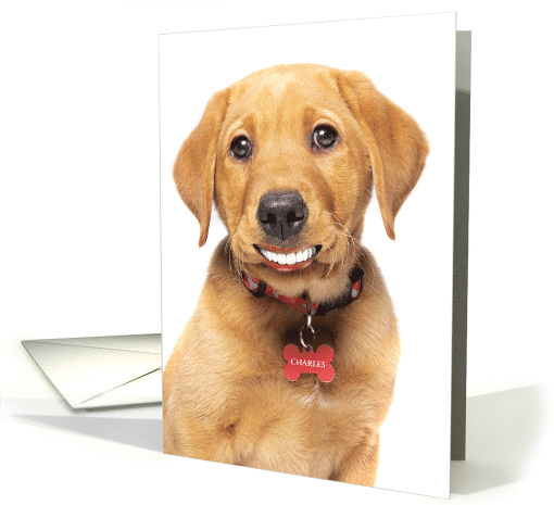 Thinking of You Makes Me Smile Puppy With Human Teeth Custom Name card