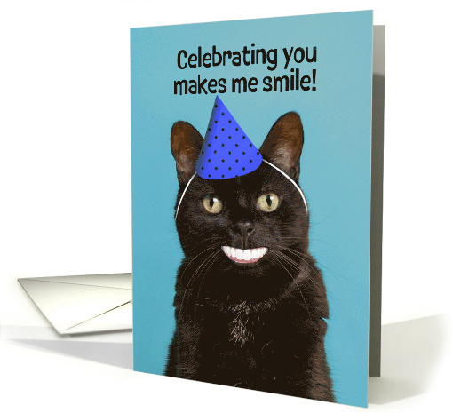 Happy Birthday For Anyone Funny Cat With Human Smile in Party Hat card