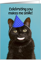 Happy Birthday For Anyone Funny Cat With Human Smile in Party Hat card
