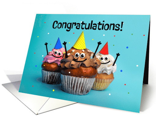 Congratulations For Anyone Three Happy Cupcakes Celebrating Humor card