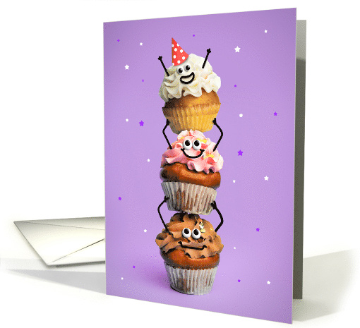 Happy Birthday For Anyone Cute Happy Stack of Cupcakes Humor card
