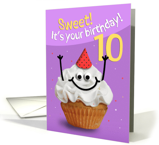 Happy 10th Birthday Cute Cupcake Character in Party Hat Humor card