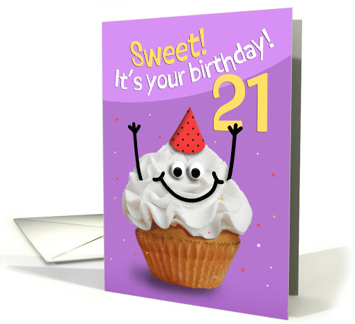 Happy 21st Birthday Cute Cupcake Character in Party Hat Humor card