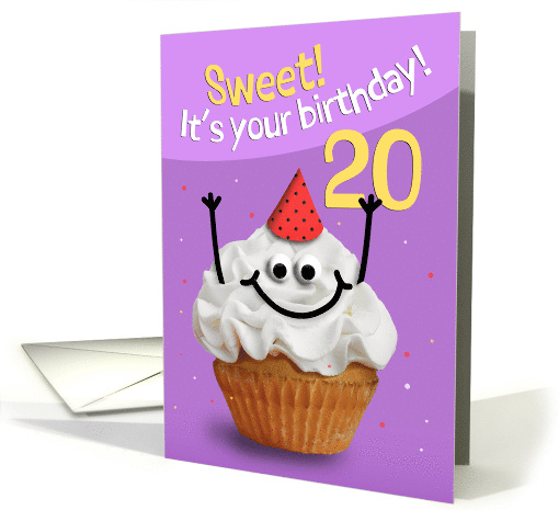 Happy 20th Birthday Cute Cupcake Character in Party Hat Humor card