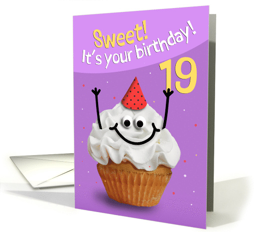 Happy 19th Birthday Cute Cupcake Character in Party Hat Humor card