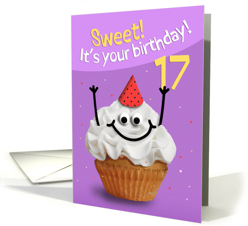 Happy 17th Birthday Cute Cupcake Character in Party Hat Humor card