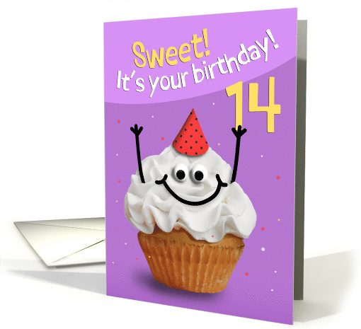 Happy 14th Birthday Cute Cupcake Character in Party Hat Humor card