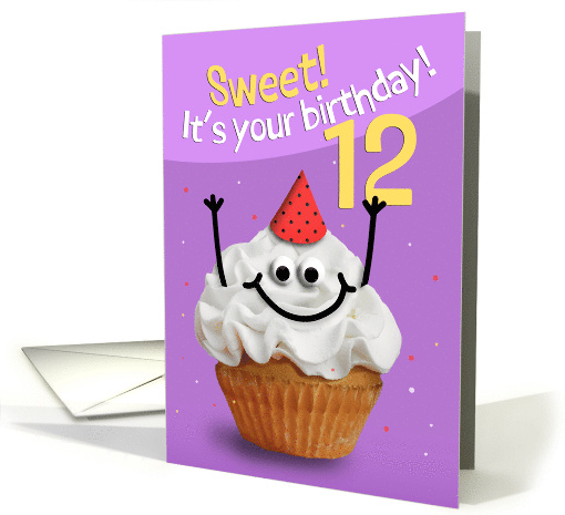 Happy 12th Birthday Cute Cupcake Character in Party Hat Humor card