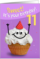 Happy 11th Birthday Cute Cupcake Character in Party Hat Humor card