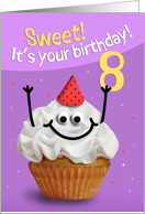 Happy 8th Birthday Cute Cupcake Character in Party Hat Humor card
