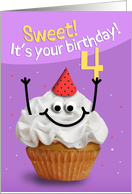 Happy 4th Birthday Cute Cupcake Character in Party Hat Humor card
