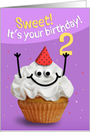 Happy 2nd Birthday Cute Cupcake Character in Party Hat Humor card