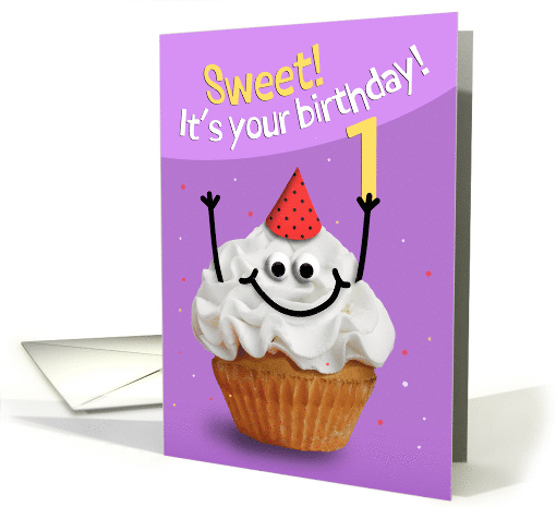Happy 1st Birthday Cute Cupcake Character in Party Hat Humor card