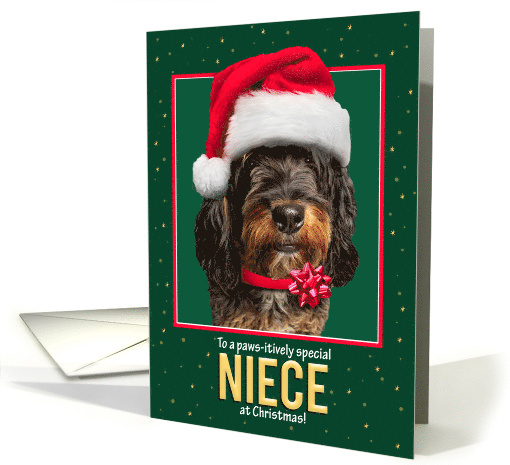 Merry Christmas Niece Bernedoodle Dog in Santa Hat on Green card