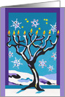 Hanukkah Lamp Tree, Nighttime Sky, Snowflake Jewish Stars card