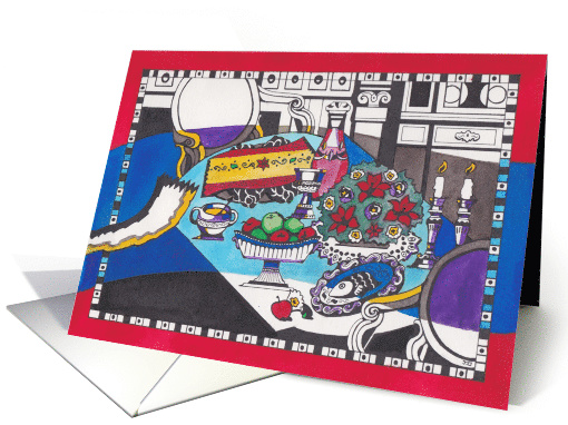 Rosh Hashanah Table, Apples and Honey, Shofar, Flowers card (1523322)