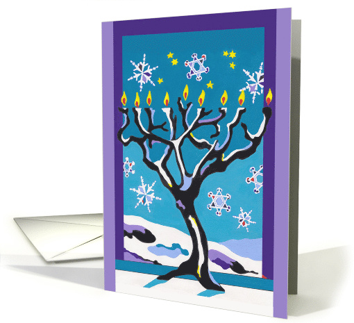 Hanukkah Lamp Tree, Nighttime Sky, Snowflake Jewish Stars card