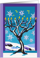 Hanukkah Lamp Tree, Nighttime Sky, Snowflake Jewish Stars card