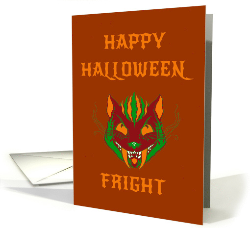 Halloween Grinning Mischievous Cat Cat With Orange Fangs card
