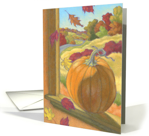 Thanksgiving Scene Colorful Pumpkin and Falling Leaves card (1529886)