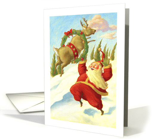Christmas Santa and Funny Reindeer Jolly Santa and Wreath card