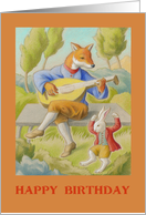 Birthday Fox Musician and Dancing Rabbit in Red Coat card