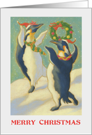 Holidays Christmas Merry Penguins and Colorful Wreath card