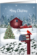 Barn Scene and Old Red Truck USA Theme Merry Christmas card