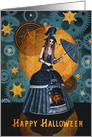 Steampunk Witch in Pumpkin Carousel Dress Happy Halloween card