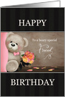 Teddy Bear with Bouquet for Friend Happy Birthday card