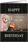 Teddy Bear with Bouquet for Step Sister Happy Birthday card