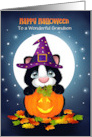 Grandson Custom Front Happy Halloween Kitty Cat and Pumpkin card