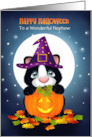 Nephew Custom Front Happy Halloween Kitty Cat and Pumpkin card