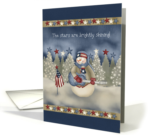 Patriotic Red White and Blue Snowman and Stars Christmas card