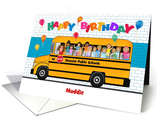 Custom Front School Bus with Kids Balloons Birthday card (1538782)