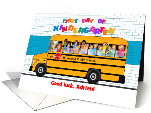 Custom Front First Day Kindergarten School Bus with Kids card