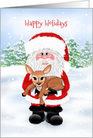 Santa and Baby Deer Christmas Happy Holidays card