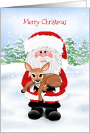 Santa and Baby Deer Merry Christmas card