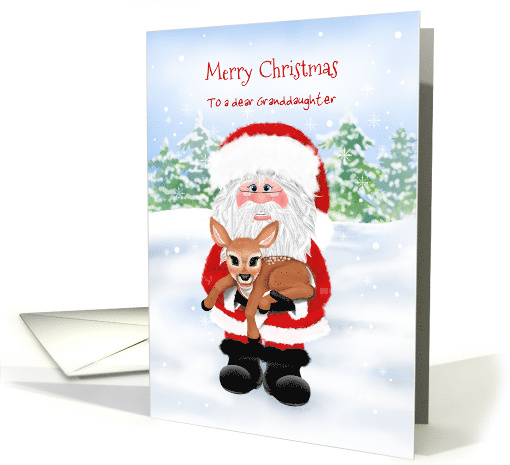 Custom Front Granddaughter Santa and Baby Deer Merry Christmas card