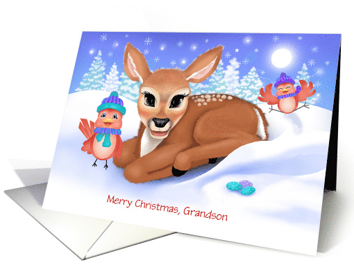 Custom front Grandson Baby Deer and Birds Starry Night Christmas card