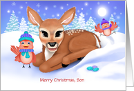 Custom front Son Baby Deer and Red Birds Christmas card
