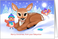 Custom From babysitter Baby Deer and Red Birds Christmas card