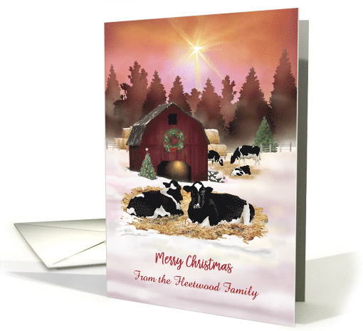 Custom Front Dairy Farm Cows and Old Barn Merry Christmas card