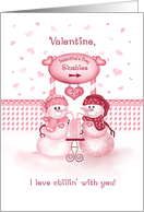 Just Chilling Girls Snowman Couple Sharing Slushy Valentine card