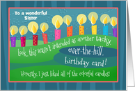 Custom Front Over the Hill Sister Humorous Birthday card