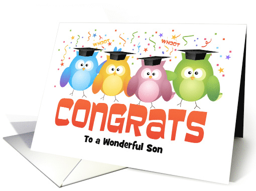 Custom Front Son Owls with Caps Graduation Congratulations card