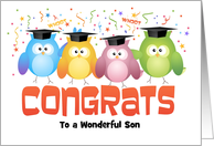 Custom Front Son Owls with Caps Graduation Congratulations card