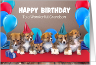 Custom Front Grandson Puppies in Party Hats Happy Birthday card